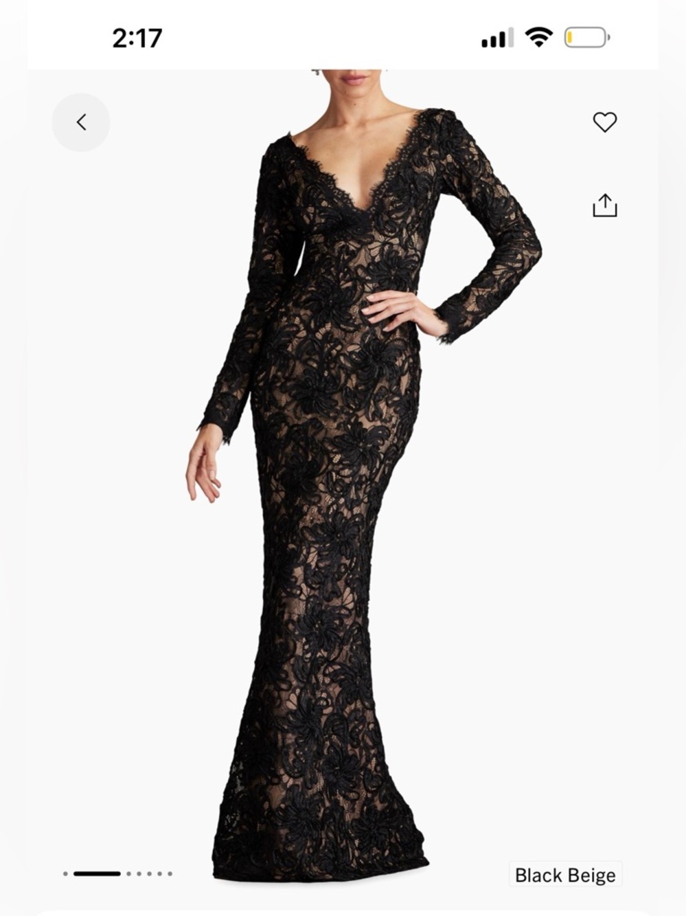 Tadashi Shoji Black Lace Long Sleeve V‑Neck Gown with Beige Lining